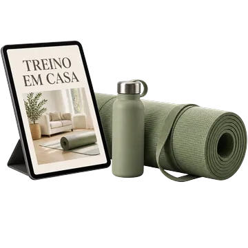 Tablet com o guia de treino em casa ao lado de um tapete de exercício
