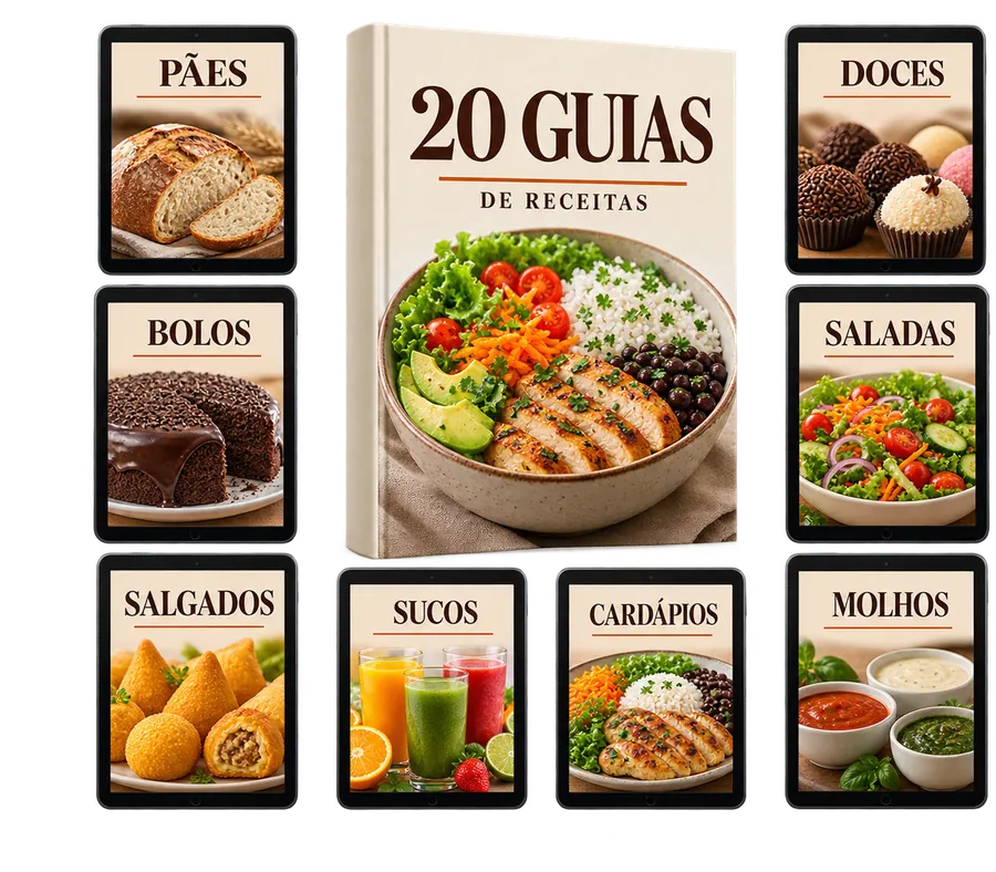 Livro dos 20 guias no centro, cercado por tablets com as categorias: pães, bolos, salgados, doces, saladas, molhos, sucos e cardápios