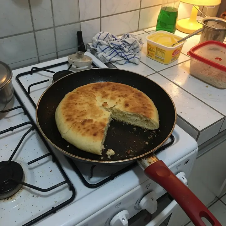 Pão de frigideira dourado numa tábua